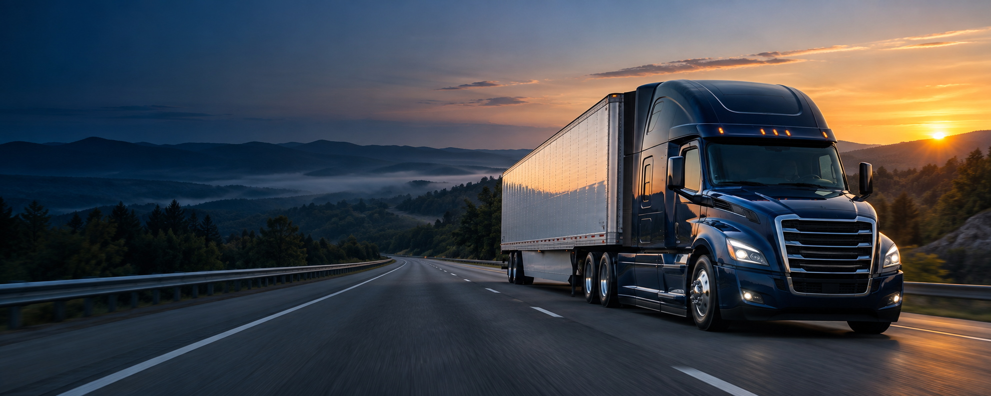Illustrative concept of a semi truck on a foothill highway at sunrise; not Faithful's actual equipment